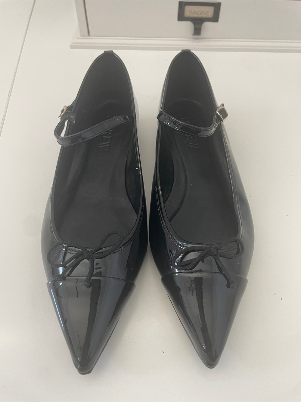 J. Crew Black Patent Leather Pointed Mary Jane Flats w/Buckles and Bow. NWOB